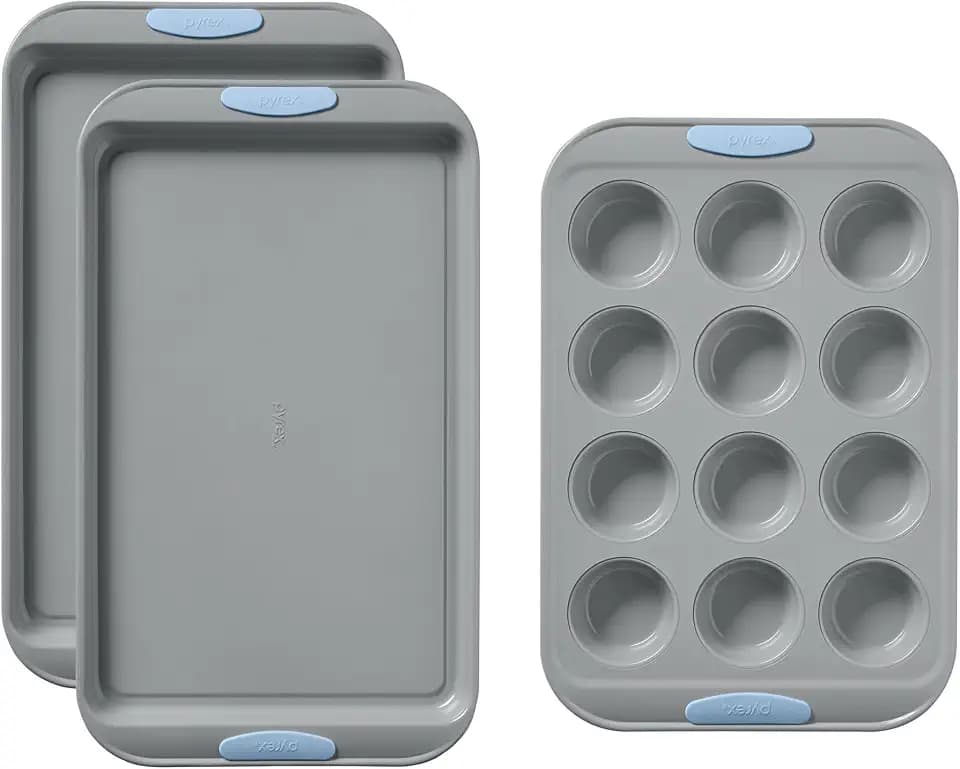 Pyrex 3-Piece Metal Cookie & Muffin Sheet Bakeware Set, Cerulean