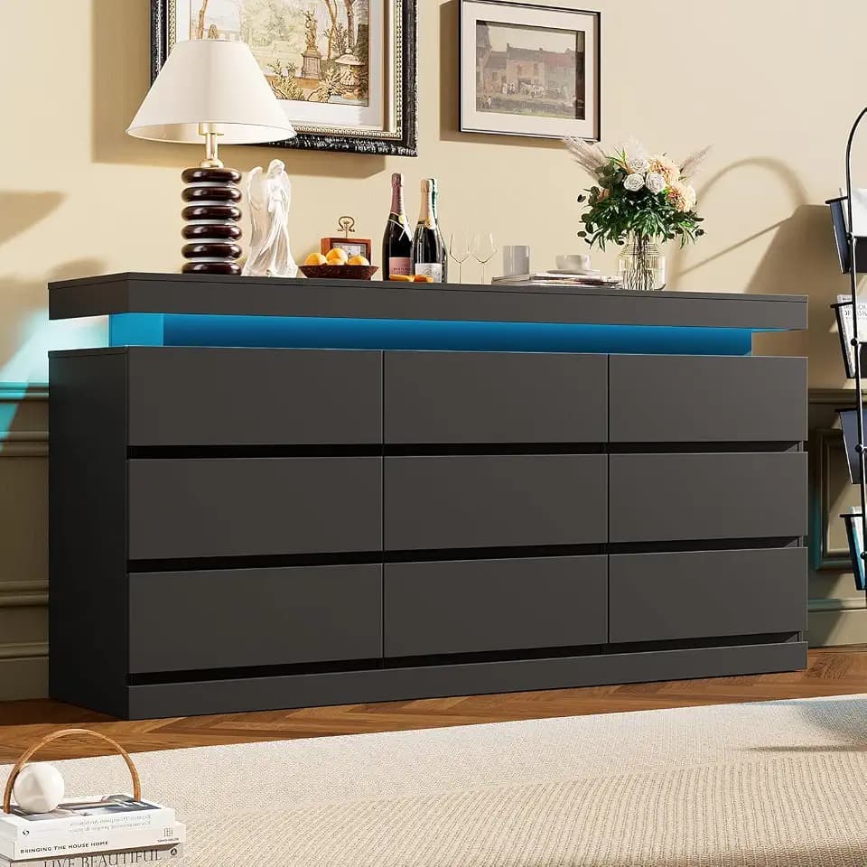 Garvee 9 Drawer Dresser for Bedroom - 63" Wide Chest of Drawers with LED Light and Charging Station, Large TV Stand Multi-Function Home Organizer for Living Room, Entryway, Hallway, Black