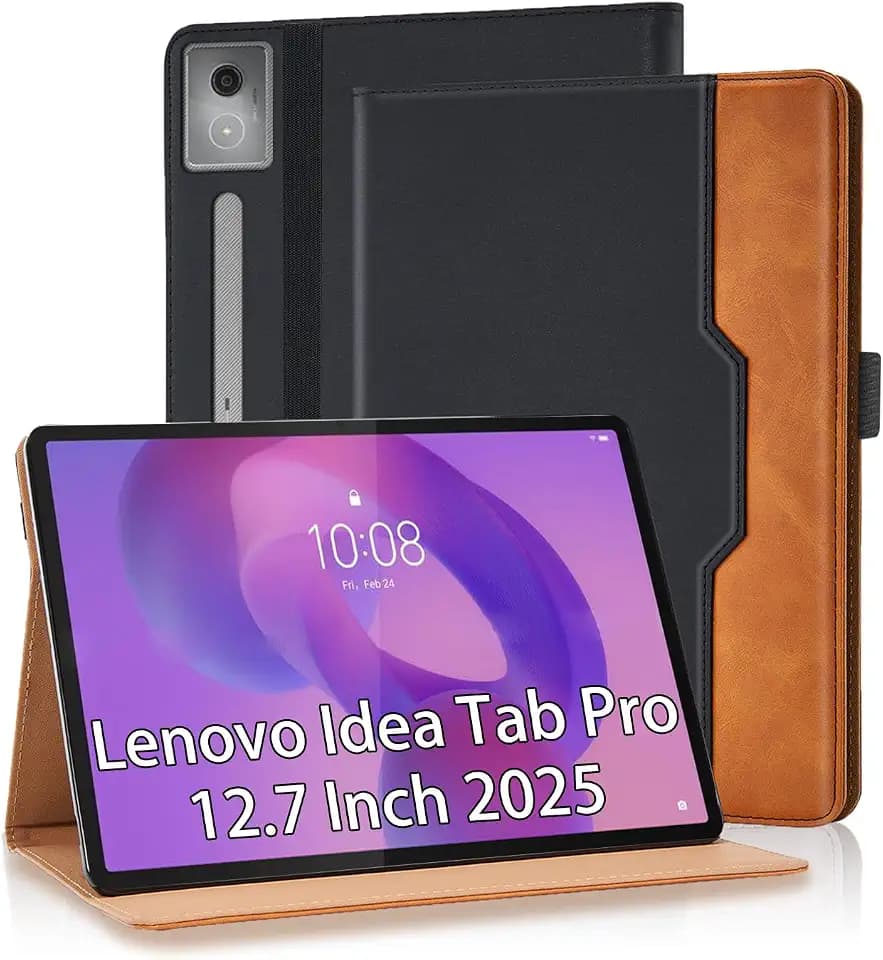 Hülle für Lenovo Idea Tab Pro 12.7 Zoll 2025 mit Stifthalter TB-373FU TB-375FC mit S Pen Halter und Dokumentschlitze Premium PU Leder Folio Stand Schutzhülle Tasche Cover Case, Schwarz