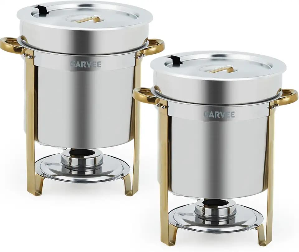 GarveeHome 11QT Round Soup Chafer Sets of 2, Commercial Soup Warmer with Pot, Notched Lids & Fuel Holders, Stainless Steel Food Warmer for Buffets Parties Wedding Banquets Catering, Gold
