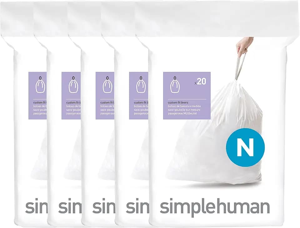 simplehuman Code N 100 Count Custom Fit Liners, Drawstring Kitchen Trash Bags, One-by-One Mess-Free Dispense, Extra Thick & Double Seamed, 50% PCR Plastic, 40-50 Liter / 10.6-13 Gallon, White