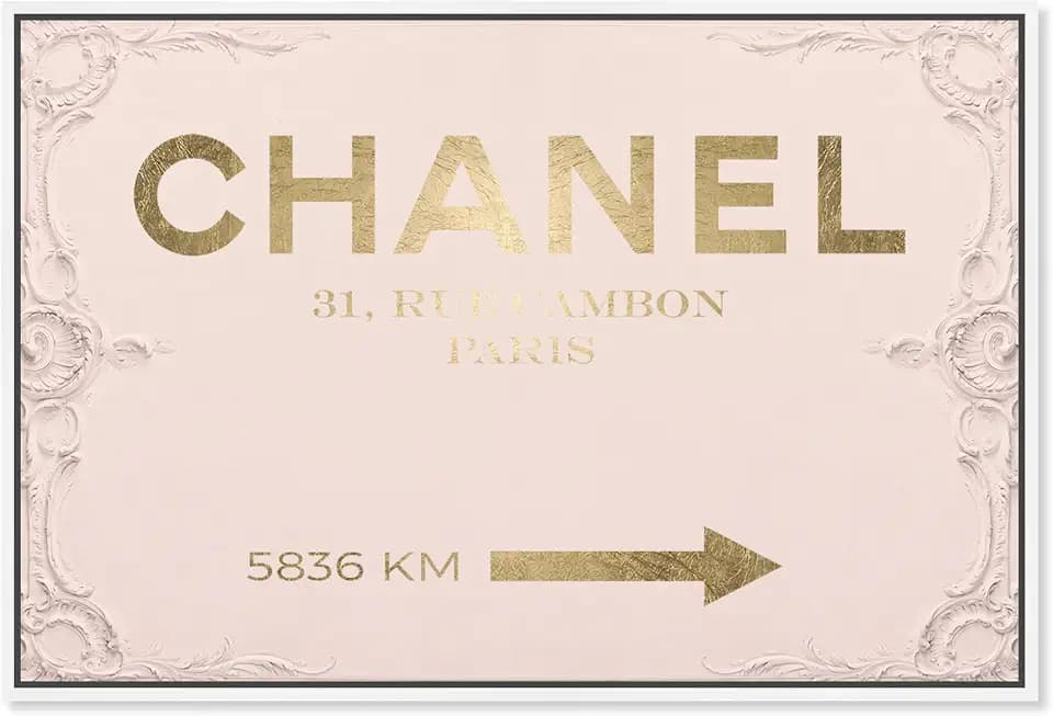 The Oliver Gal Artist Co. Fashion and Glam Modern Canvas Art - Couture Road Sign Rococo Gold Blush, Wall Art for Living Room, Bedroom, and Bathroom, 24 in x 16, Pink and Gold Home Decor