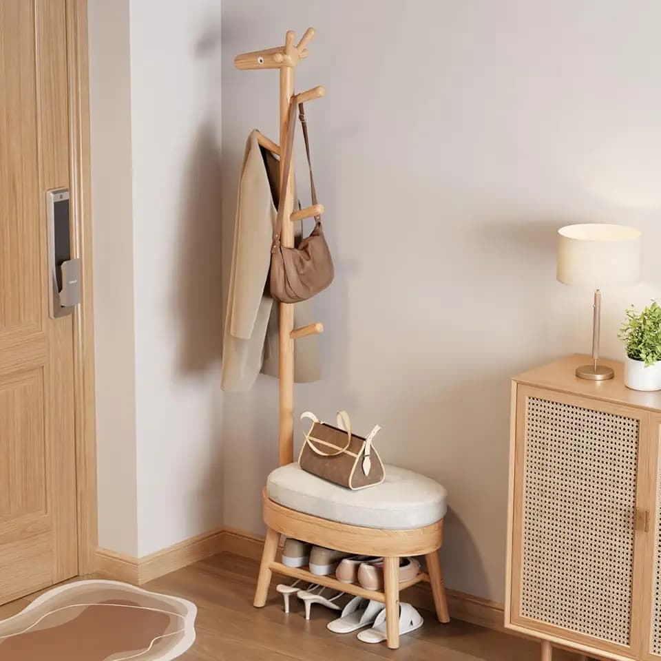 AQIMUELE Shoe Bench with Coat Rack, Shoe Rack with 9 Hooks, Natural