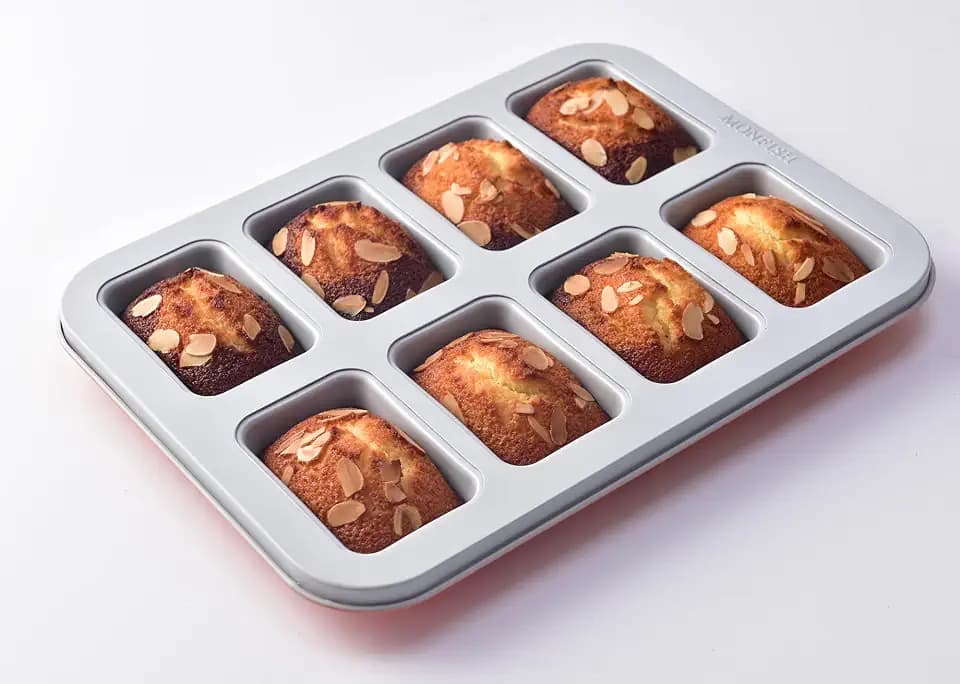 Monfish Mini Loaf Baking Pan 8 Cavity- Small Rectangle cake Pan -Financier Cake Mold Carbon Steel light gray non-stick coating bakeware w Perracotta base