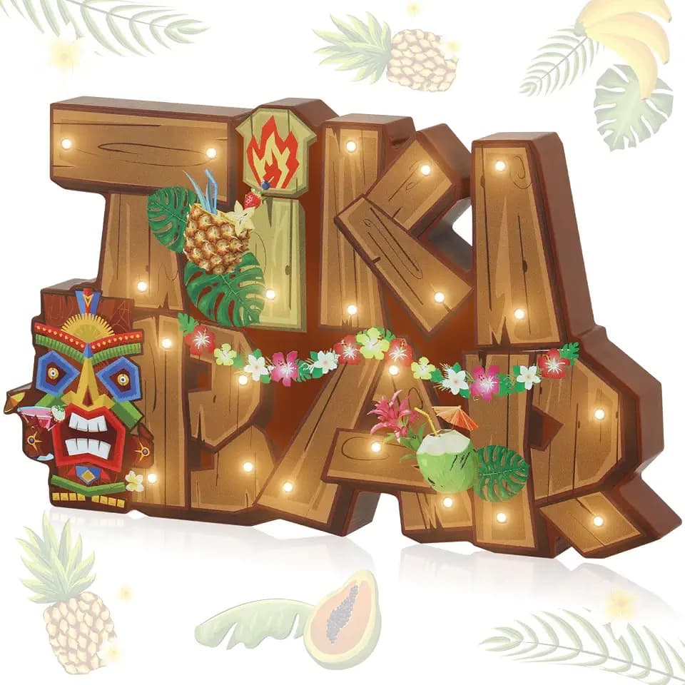 Geetery LED Tiki Bar Sign Wooden Tiki Bar Decor Hawaiian Luau Party Decoration Rustic Table Decorations LED Light Plaque for Aloha Hawaii Tropical Birthday Party Photo Props Patio Home Kitchen