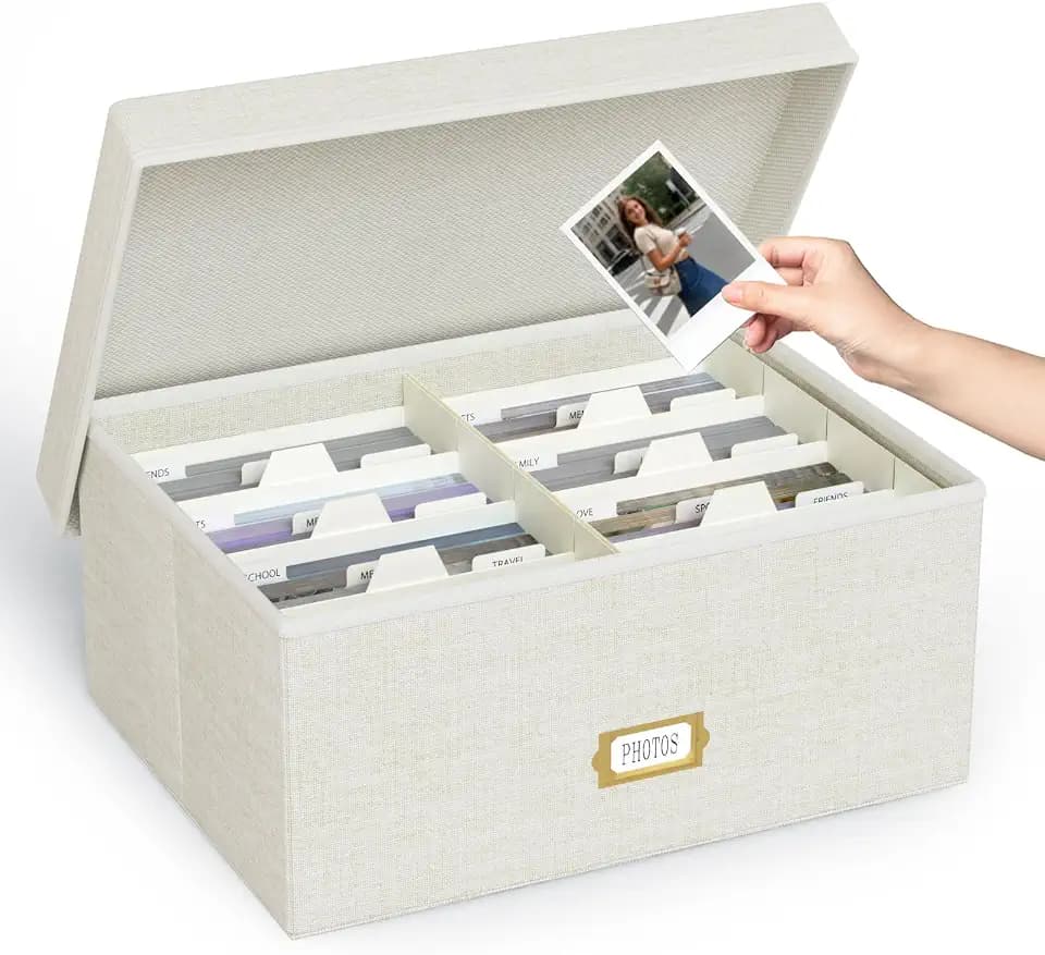 Decorative Photo Storage Box, Linen Photo Box Holds 1700 5x7 Pictures Beige