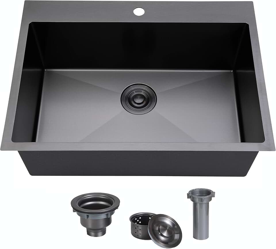 SHACO 33x22 Black Drop In Kitchen Sink, 33 Inch Large Top Mount Gunmetal Black Farmhouse Sink, Single Bowl Basin 16 Gauge SUS304 Stainless Steel Wet Bar Prep Sink