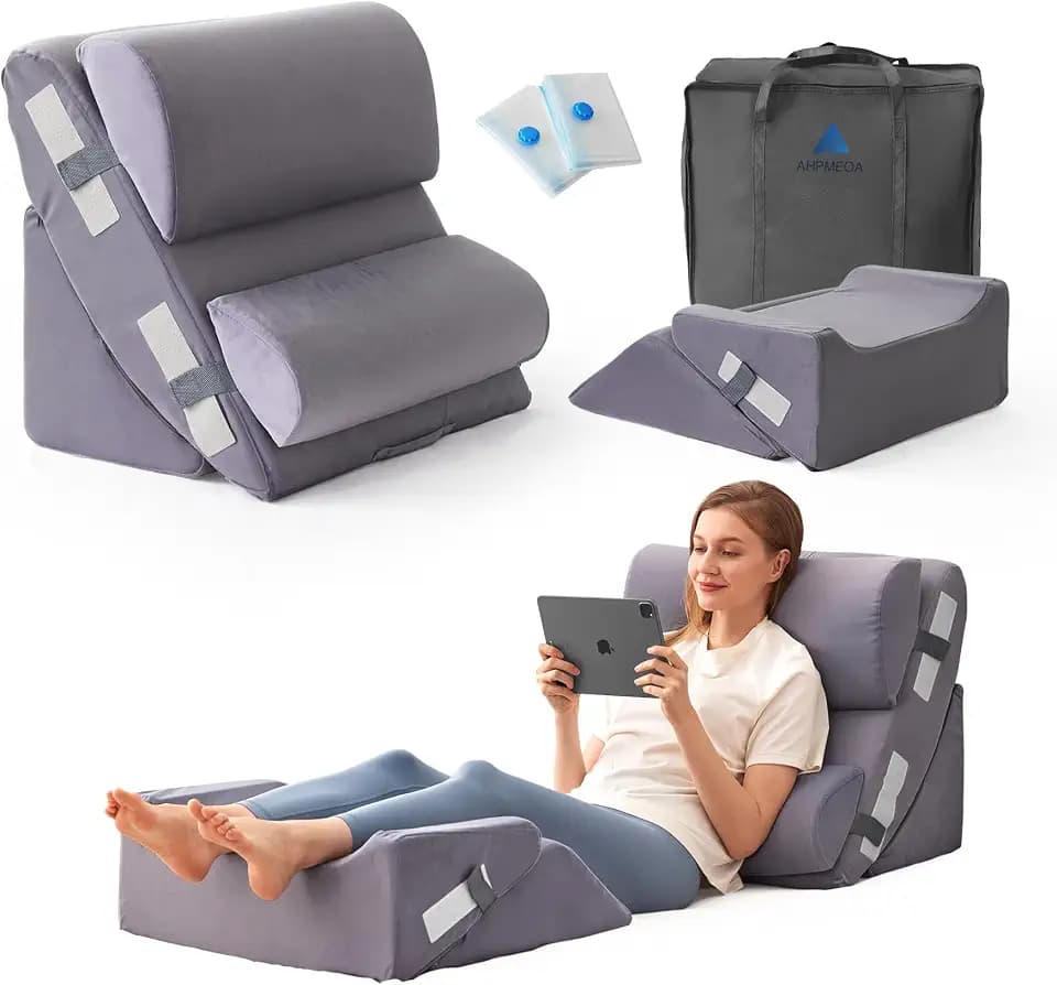 Ahpmeoa 6PCS Wedge Pillow Set for After Surgery, Back Pillow for Bed Sitting Up, Orthopedic Bed Wedge for Body, Leg Pain Relief, Memory Foam Pillow for Post Surgery, Sleeping, Acid Reflux, Plush Grey