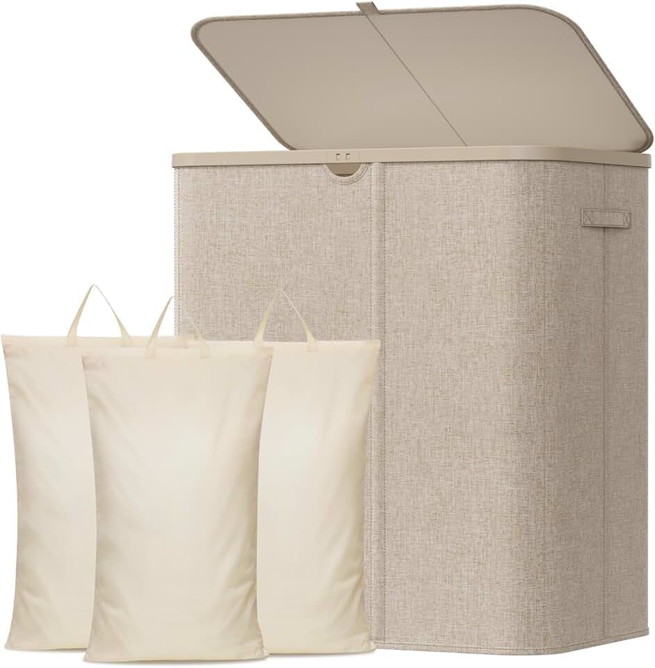 Lifewit 165L 3 Section Laundry Hamper with Lid, Laundry Basket, Beige