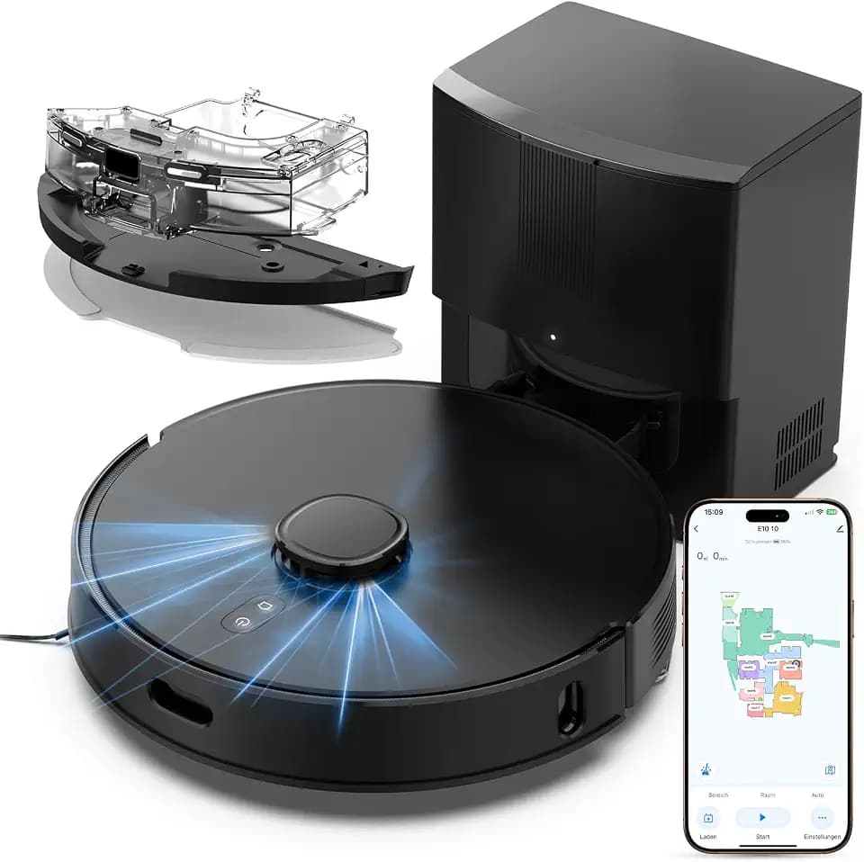 Robot Vacuum and Mop Self-Emptying with 8,000Pa Suction, LiDAR Navigation, Home Mapping, 75-Day Capacity, No-Go Zones, 150 Mins, APP&Voice Control for Pet Hair, Hard Floors, Carpets, E10+
