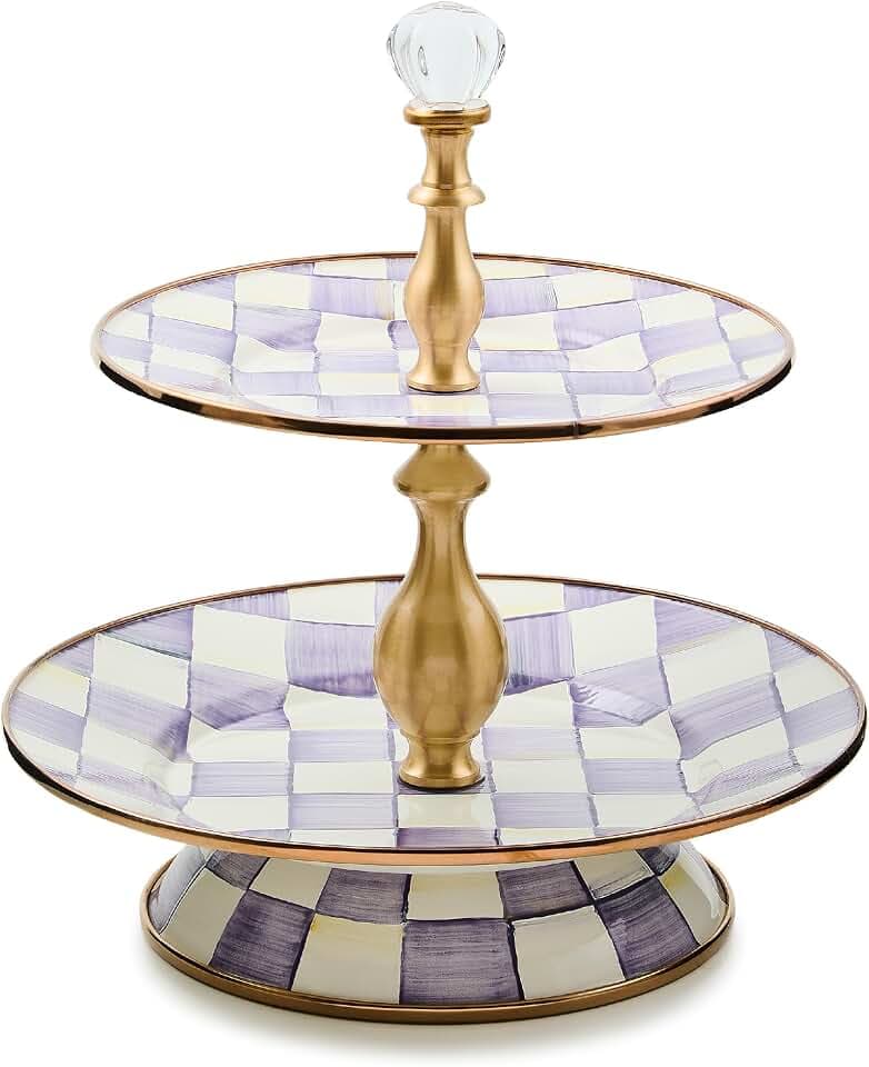 MACKENZIE-CHILDS Two-Tier Sweet Stand, Purple-and-White Violet Check