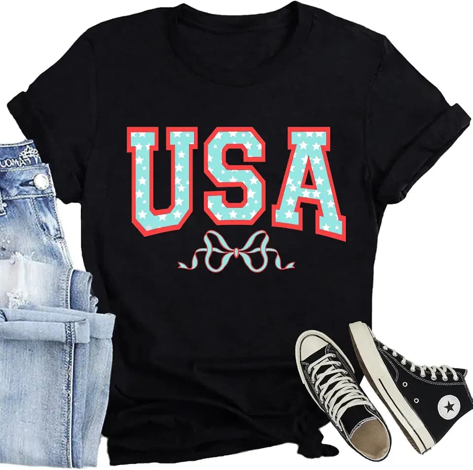 Women American Flag Patriotic T-Shirts Cute USA Bow Flag Shirts Happy 4th of July Tee Tops