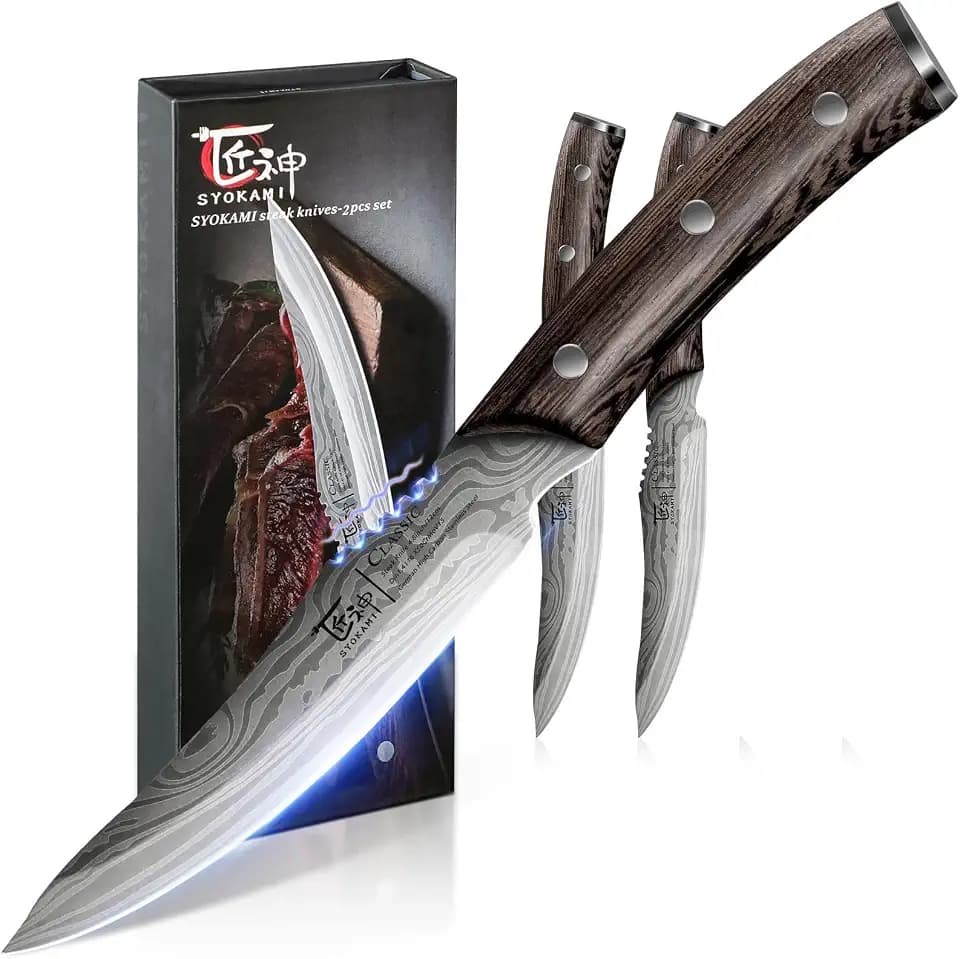 SYOKAMI Steak Knives Set of 2, 4.8 Inch Meat Knife with Wood Handle