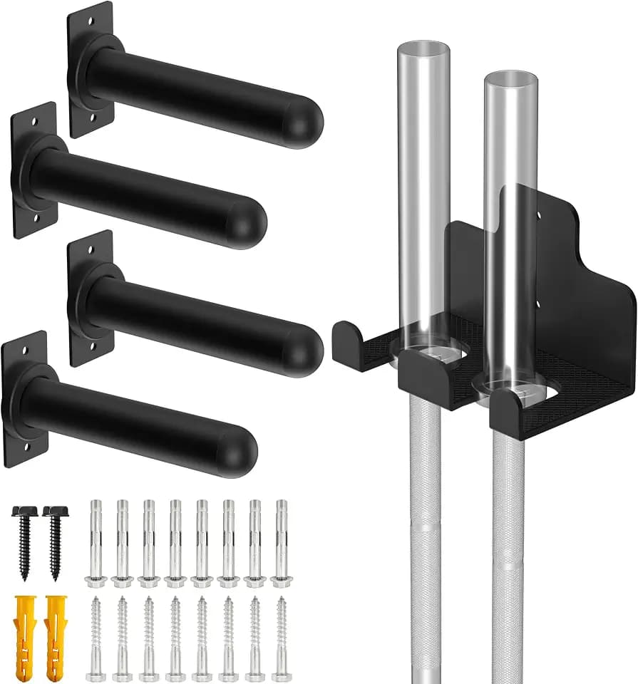 Wall Mounted Weight Plate Holder, 4 Pack, with 1 Pack Barbell Hanger
