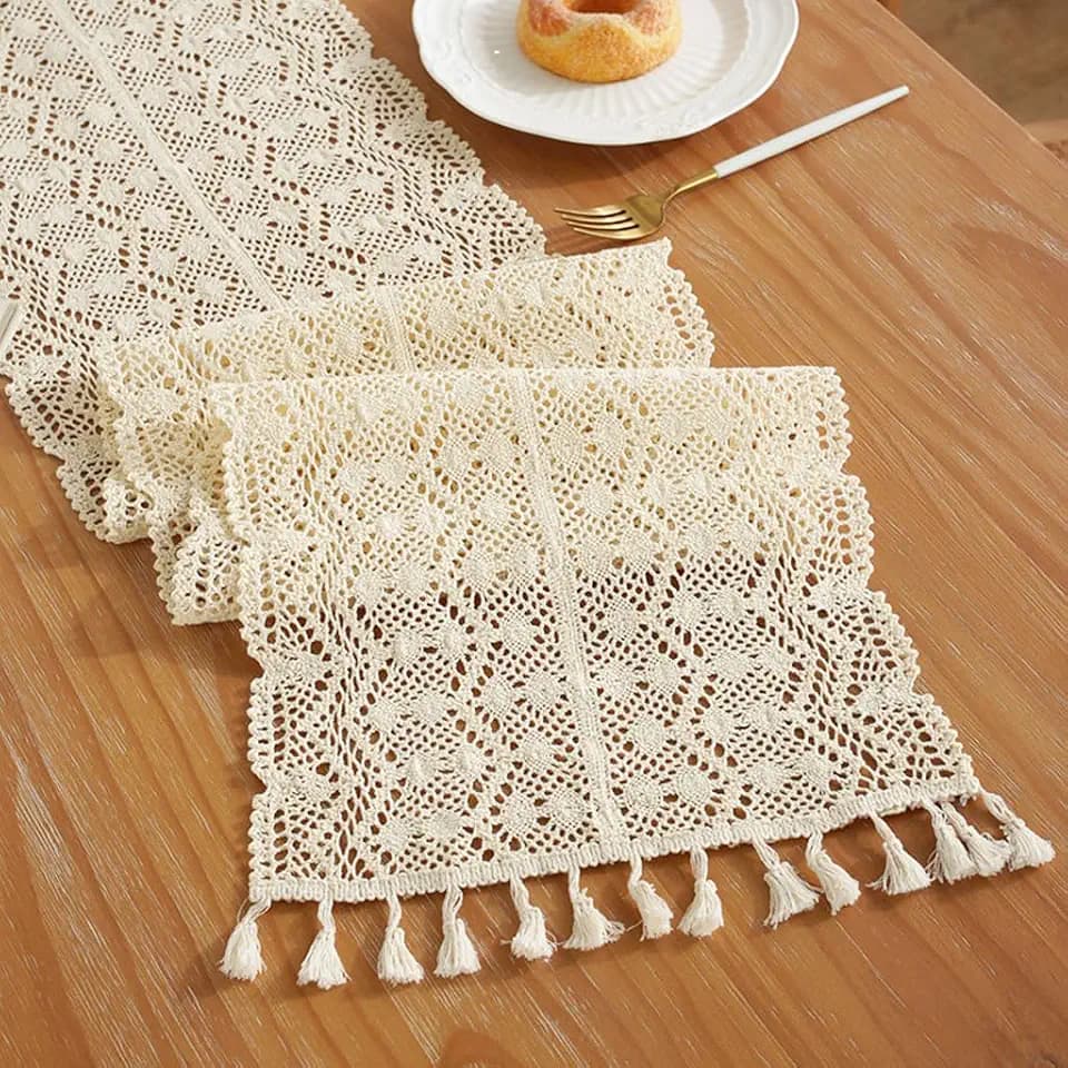 Gemseek 72 Inch Boho Beige Crochet Table Runner, Cotton Lace Table Runner