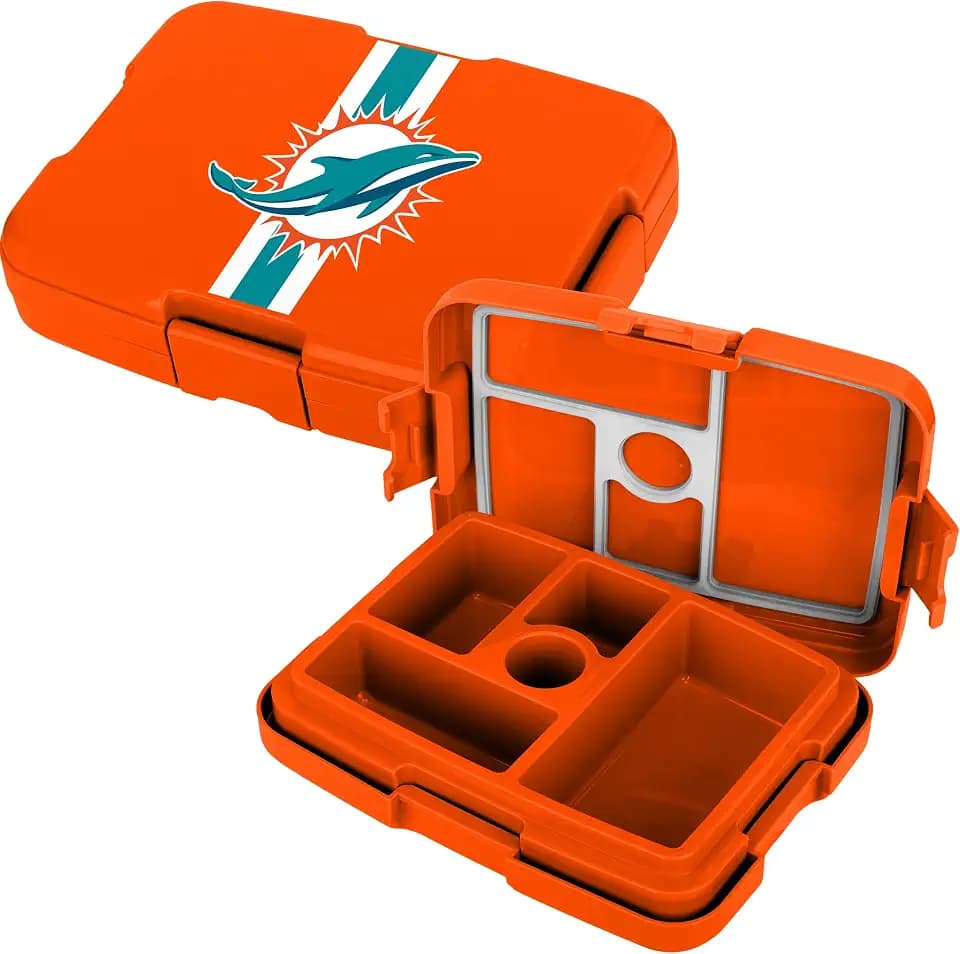 FOCO NFL Unisex-Adult Officially Licensed Team Color Stripe Primary Logo Football Leak Proof 5 Compartment Bento Lunch Box - Miami Dolphins