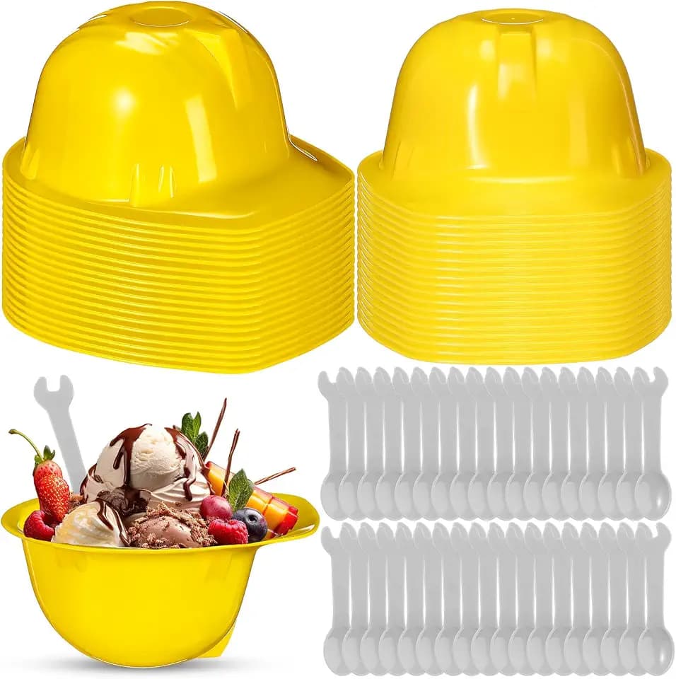 Uiifan 36 Sets Construction Hat Ice Cream Bowls with Spoon Set, Yellow