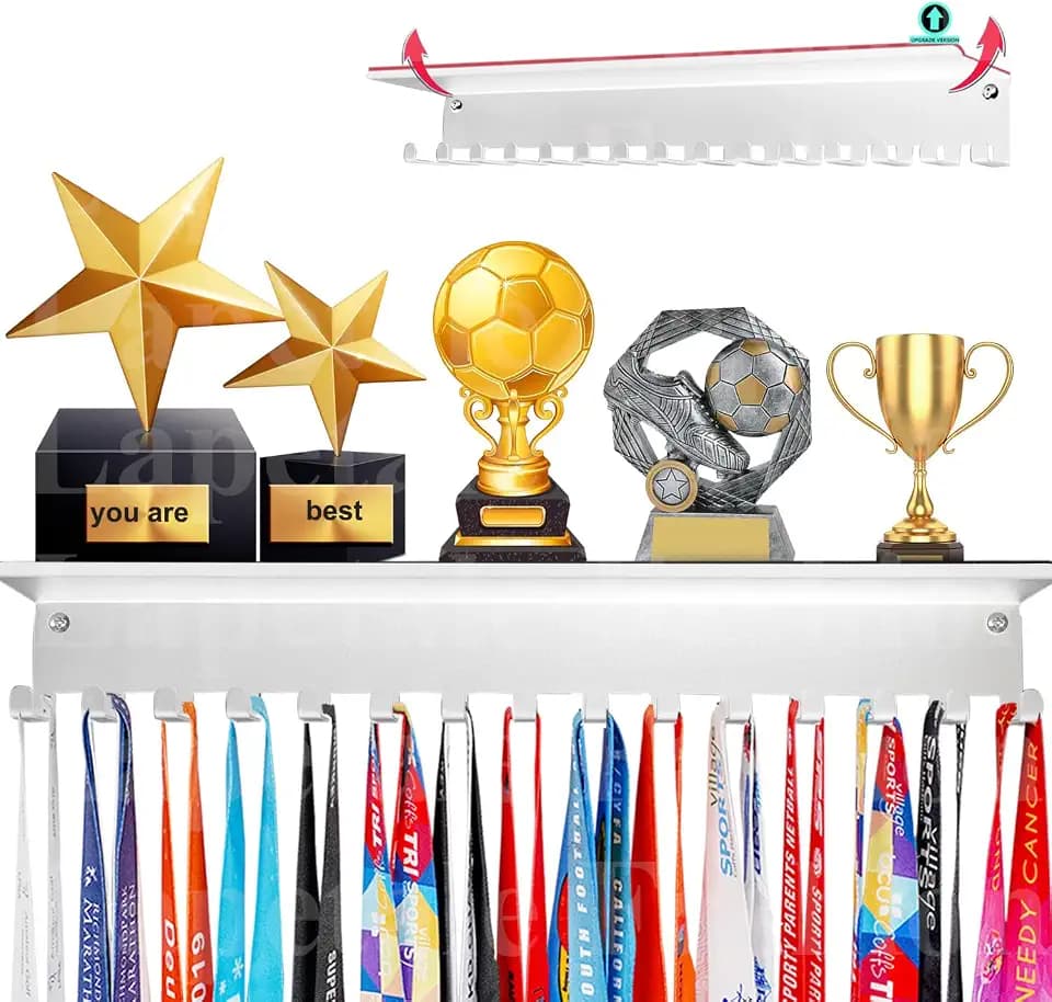 Non-Slip White Trophy Shelf - 16 Inch Medal Hanger Display For Wall with Upgraded Shelves For Trophies, Gymnastics, Soccer, Swim