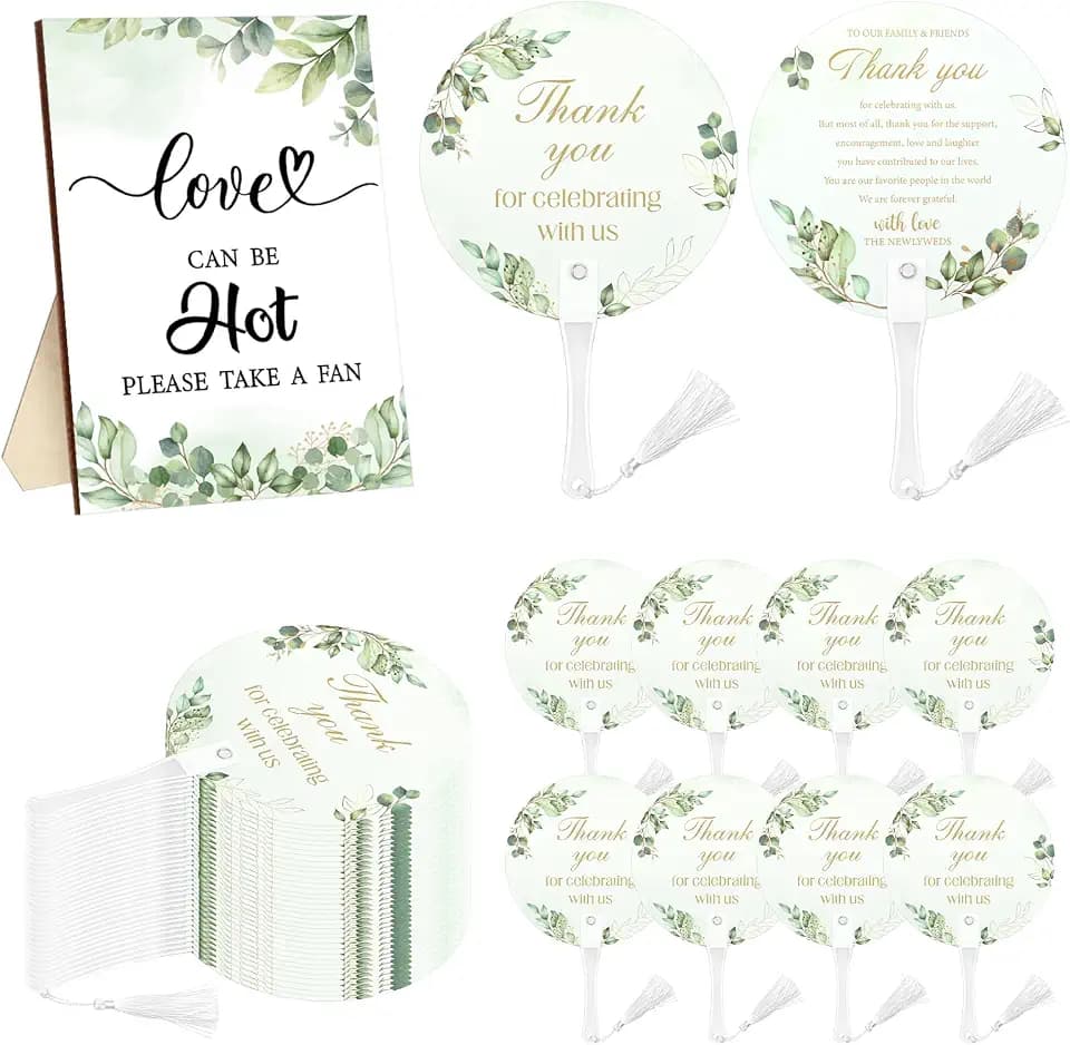 100Pcs Wedding Hand Fans with Tassels for Guests Greenery Plastic Portable Handheld Fans with A Table Sign Bulk Party Favors for Wedding Bridal Shower Ceremony Decor Appreciation Gifts(Green Leaf)