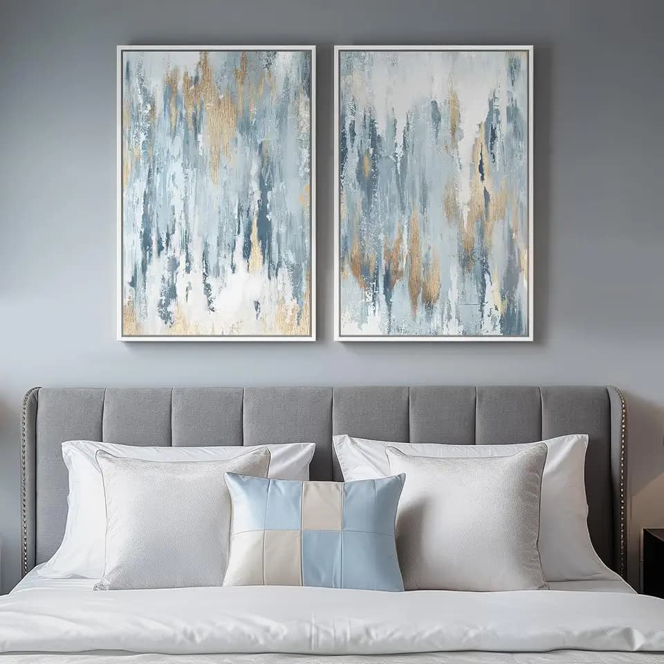 Framed Blue and Gold Abstract Canvas Wall Art Decor Set of 2, 16x24 In