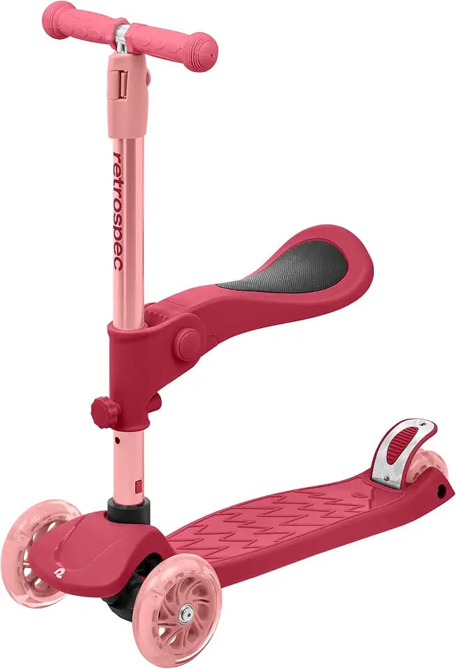 Retrospec Chipmunk Plus Kids’ Kick Scooter 3+ Years - Height Adjustable 3 Wheel Scooters - Learn to Steer, Foldable Seat, LED Lights, & No-Slip Deck