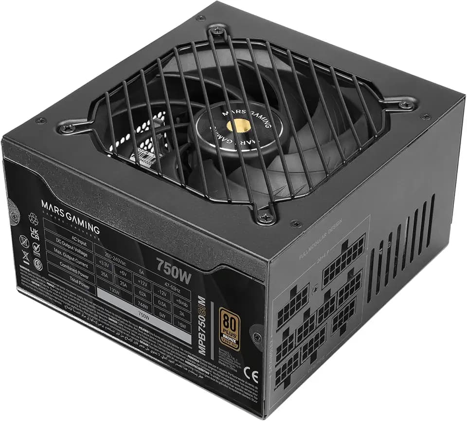 MARS GAMING MPB750SIM, Vollmodulares ATX 750W Netzteil, 7 Jahre Garantie, 80Plus Bronze 230V EU, 90% Effizienz, 140mm SI Extreme Silence Lüfter, AI2-RPM, DC-DC und SMD Technologien, Schwarz