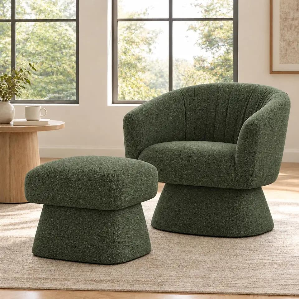 Swivel Accent Chair with Ottoman, Upholstered Barrel Accent Chair, Modern Accent Chair with Pleated Backrest and Arms, Boucle Armchair for Living Room Bedroom, Green