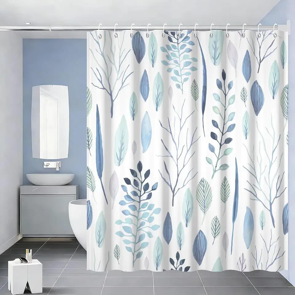 Watercolor Blue Leaves Shower Curtain Set with Hooks 72x72inches