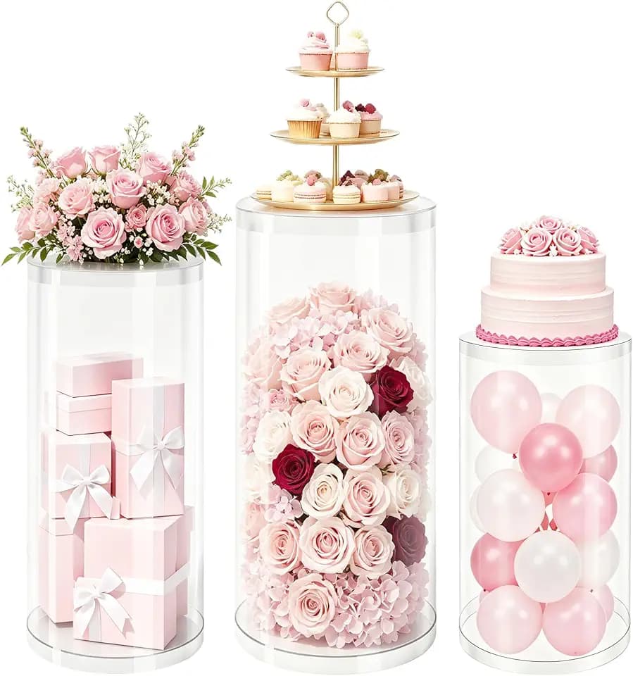 3Pcs Clear Cylinder Stands for Party, Clear Pedestal Round Cylinder Stand for Wedding Birthday Bridal Baby Shower Parties 23.6'', 29.5'', 35.4''