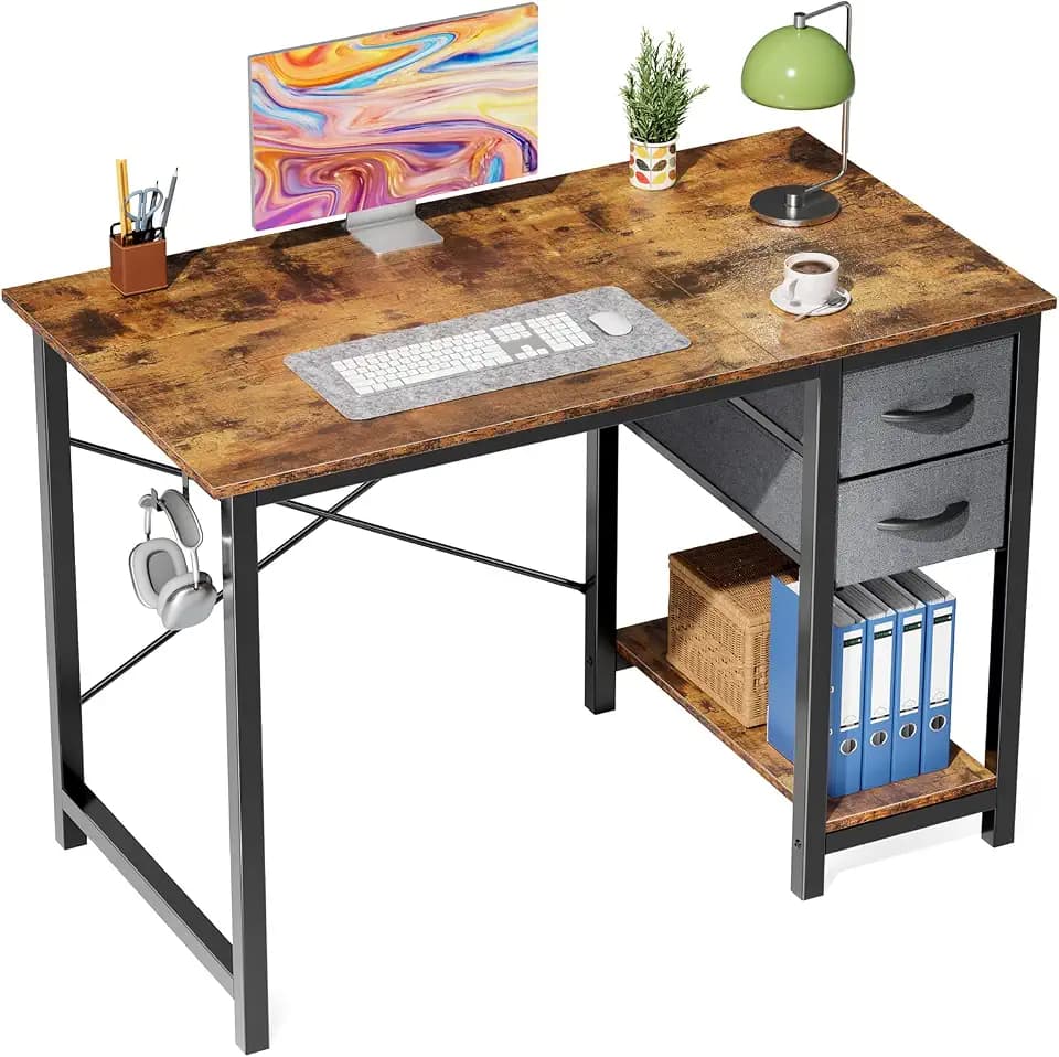 Sweetcrispy 40-Inch Computer Desk with Drawers, Office Desk, Brown