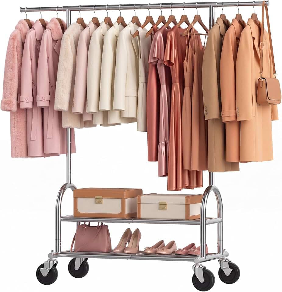 Heavy Duty Metal Clothes Rack Load 586 LBS, Height‑Adjustable Rolling Garment Rack for Hanging Clothes, Sturdy Wheel Clothing Rack with 2 Shelves, Portable Closet Wardrobe Organizer Rack, Silver