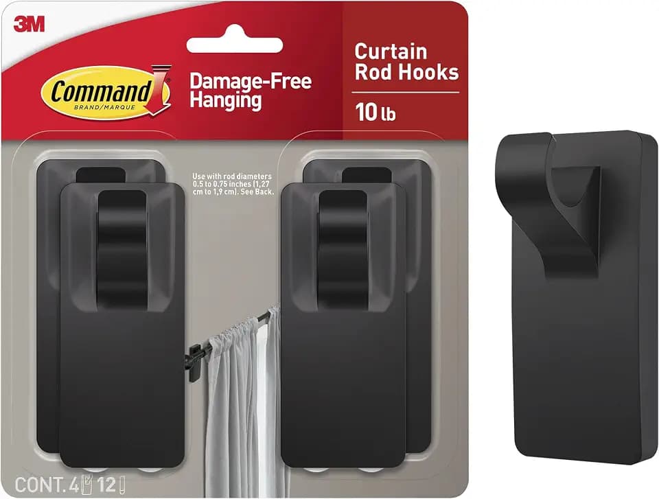 Command Medium Black Curtain Rod Hooks, 4 Hooks, 12 Strips