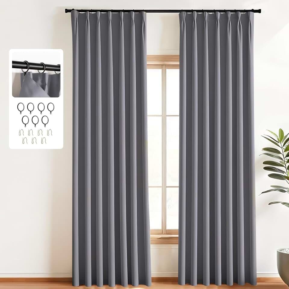 MaKefeile Pinch Pleated Curtains Blackout Two Pages Pinch Pleated Drapes for Bedroom Living Room,Black Liner Thermal Insulated Draperies with Hooks&Curtain Ring W40 x H102 Inch Grey