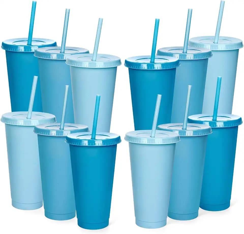 Whaline 12Pcs Dusty Blue Plastic Cups with Flat Lids Straw Gradient Blue Reusable Tumbler Travel Mug Cups 3 Colors Party Drinkware Decor for Iced Coffee Beverage Drinks Party Supplies, 24 Oz