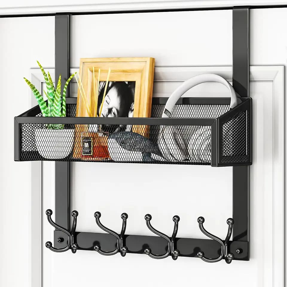 HapiRm Over The Door Hooks - Easy Installation Door Hanger with Basket and 16 Hooks, 304 Stainless Steel Storage Organizer for Towels, Coats, Bathroom, Kitchen, Dorm - Black