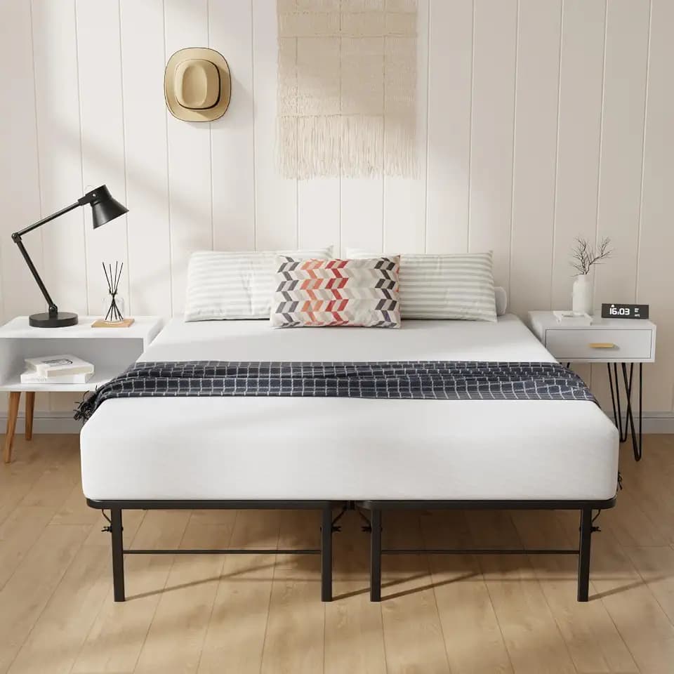 BestMassage | Short Queen Bed Frame | Metal | Heavy Duty Steel Slats with 12 Legs | Foldable | Sturdy, No Box Spring Needed | Easy to Assemble with Under-Bed Storage | Furniture for Home, Dorms