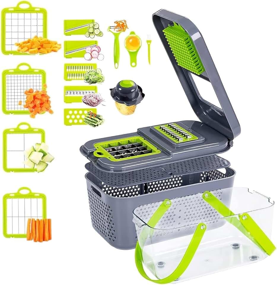 Miibox Vegetable Chopper with Container 22-in-1 Veggie Choppers and Dicers Food Chopper Cutter for Onion Tomato Multi Kitchen Tool with Lemon Squeezer -13 Blades,Grey