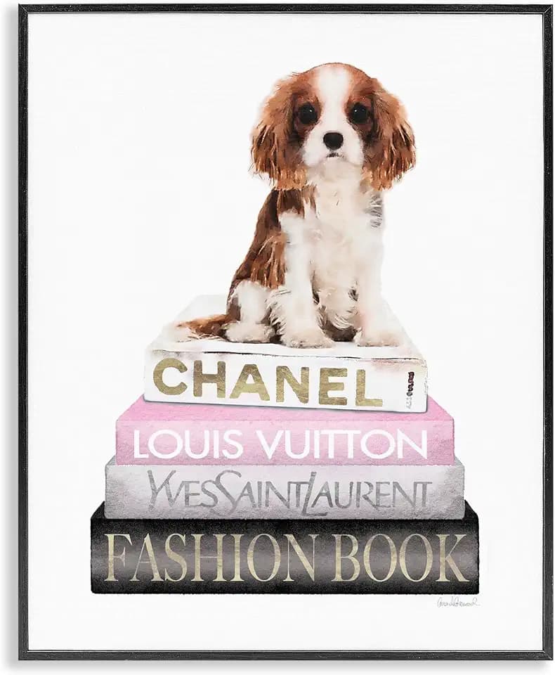 Spaniel Puppy Fashion Bookstack Glam, 11 x 14 Inch Framed Giclée Print