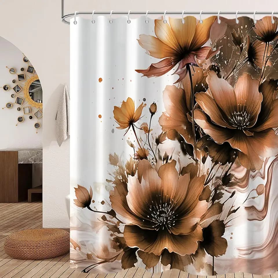 Chocolate Floral Shower Curtain Set for Bathroom 72" Wx72 L