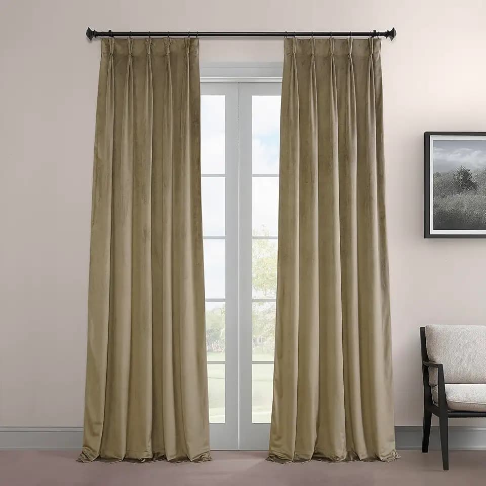 Plush Velvet Pleated Blackout Curtains (1 Panel), 25W X 84L, Denver Taupe