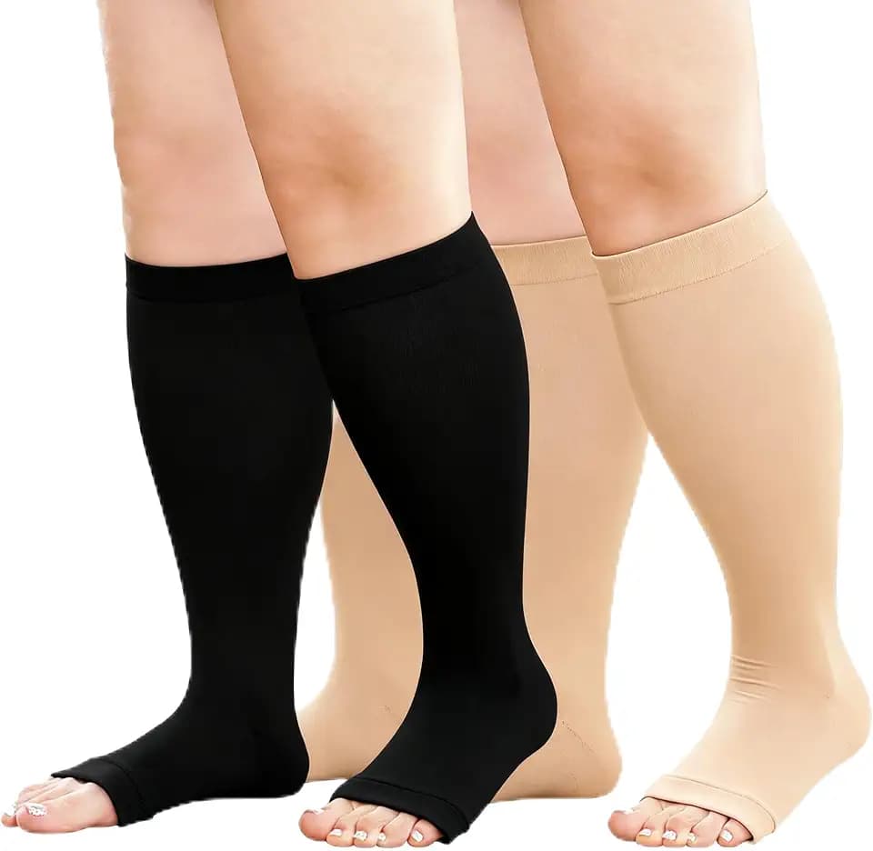 Plus Size Compression Socks: 2 Pairs Wide Calf Compression Toeless Stockings for Men Women - Open Toe 20-30 mmHg