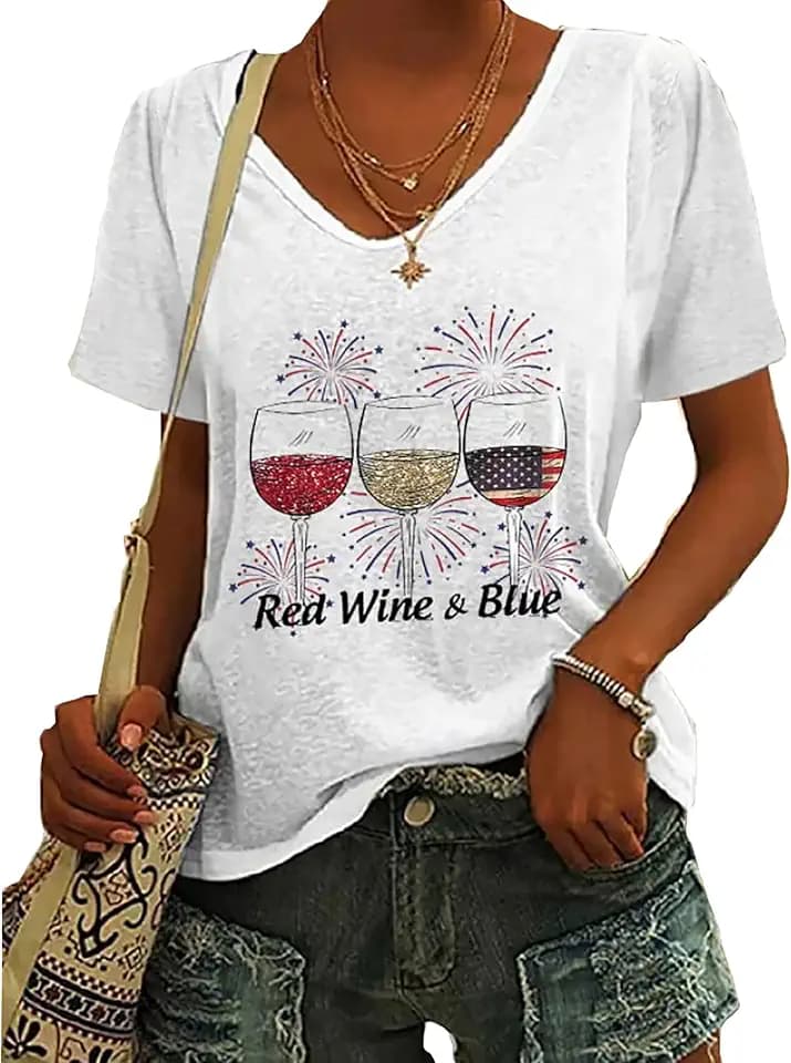BOMYTAO American Flag Shirt for Women Red White and Blue Wine Glass Graphic Tees 4th of July Patriotic Casual T-Shirt