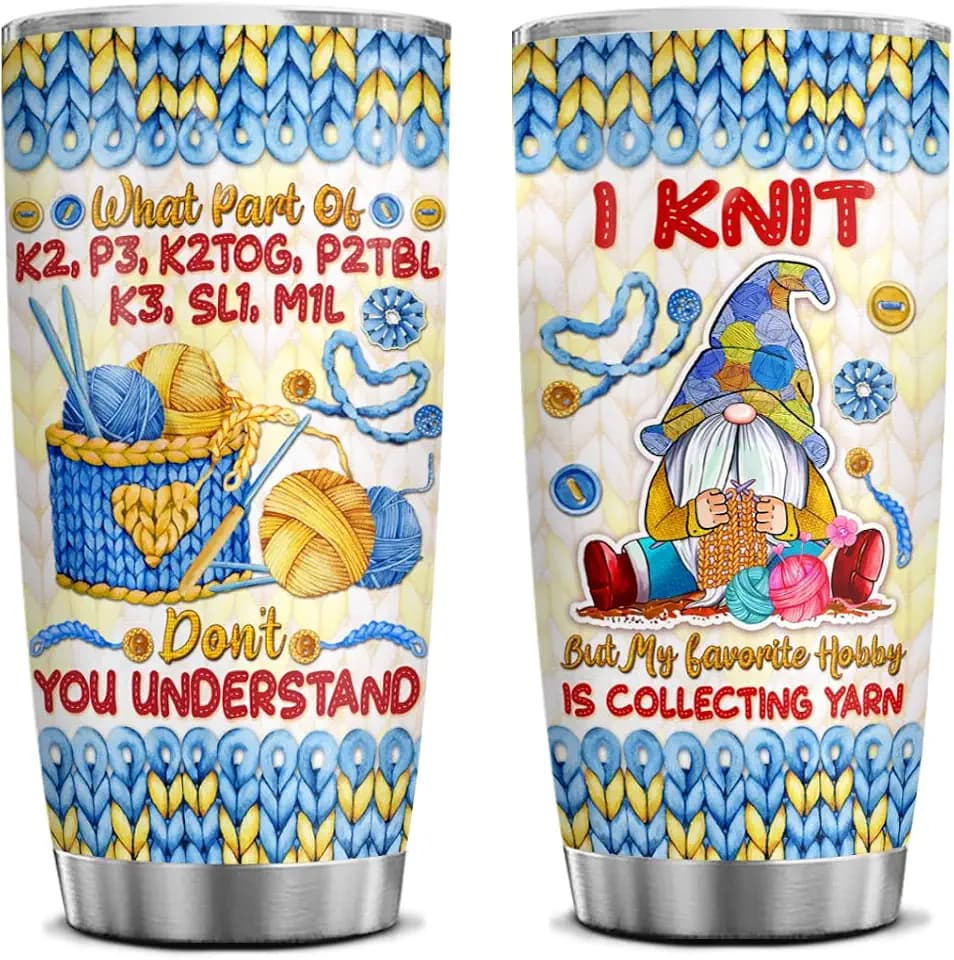 4LIEUBASMI Knitting Gnomes Stainless Steel Coffee 20oz Tumbler Funny Gifts Ideas Christmas Birthday Knitting Gifts For Women Knitters Love Knitting Cute Yarn Collector Travel Mugs Knit Coffee Mug
