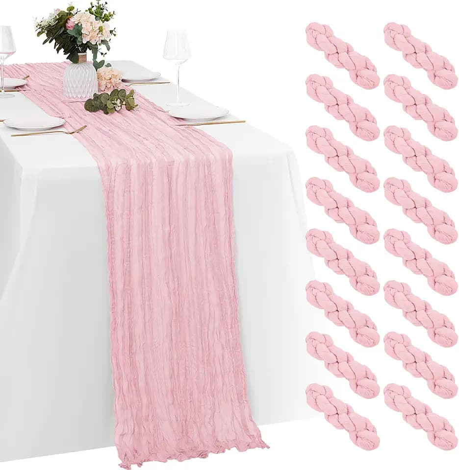 16 Pack Light Pink Cheesecloth Table Runners 20x120 Inch Gauze Table Runner Cheese Cloth 10FT Pink Table Runner Rustic Sheer Runner for Wedding Birthday Party Baby Shower Table Decor
