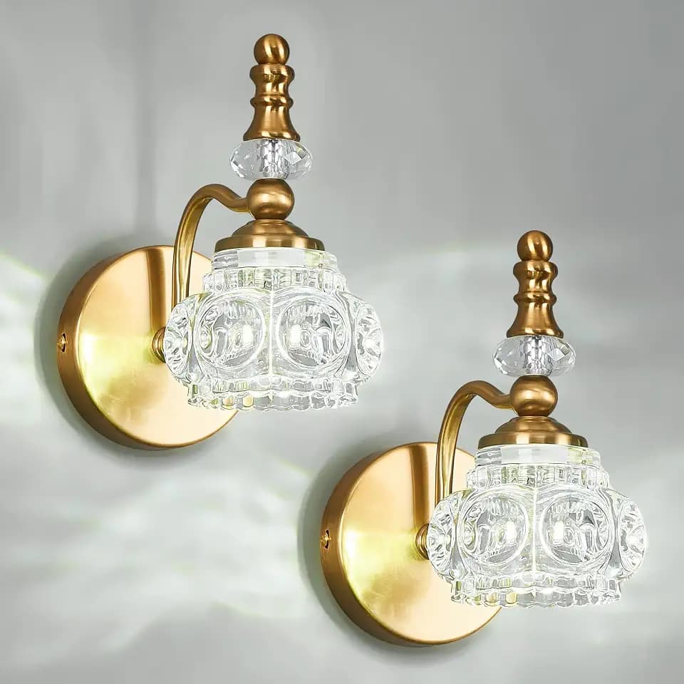 Modern Wall Sconce Set of Two Indoor Lamp Gold Vintage Glass Light Bathroom Vanity Fixture Wall-Mounted Room Lighting