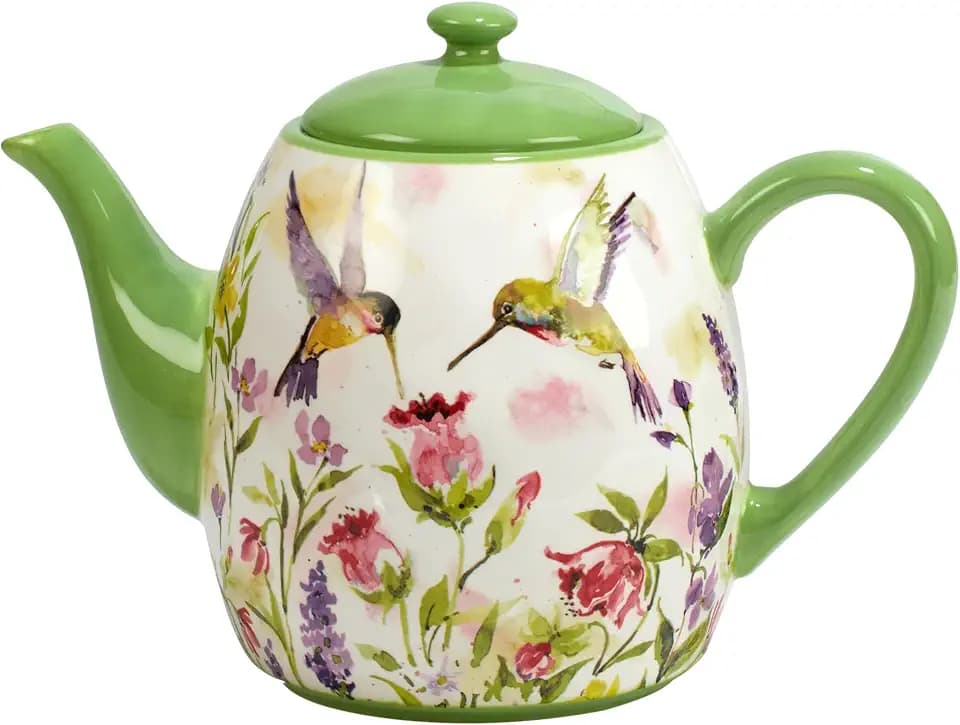 Hummingbirds Ceramic Teapot, 40 oz – Watercolor Floral Bird Design with Lid, Dishwasher & Microwave Safe, Whimsical Tea Pot for Loose Leaf & Bagged Tea, Great for Garden or Bird Lovers