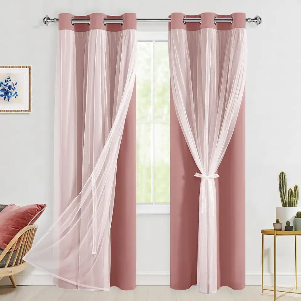 Hiasan Blackout Curtains with Sheer Overlay, Dusty Pink, 52W X 84L, 2pcs