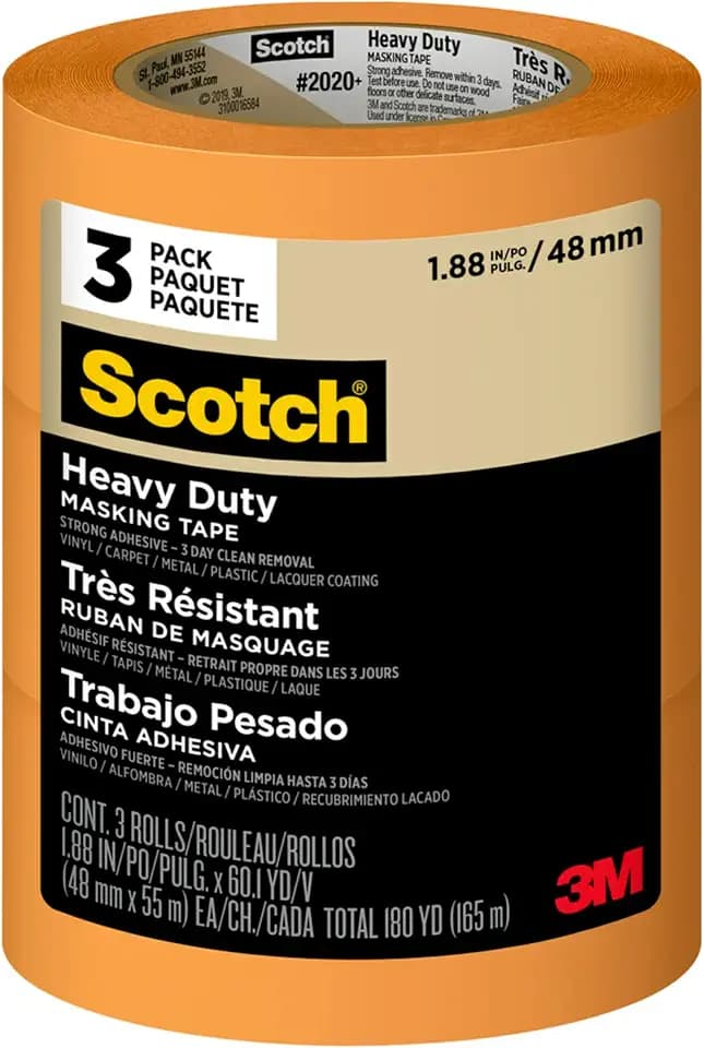 Scotch Heavy Duty Painter's Tape, 3 Rolls, 1.88 in x 60.1 yd, for Use On Vinyl, Carpet, Metal, & Plastic, Indoor & Outdoor Masking Tape, Bonds Aggressively, 3-Day Clean Removal (2020+-48EP3)