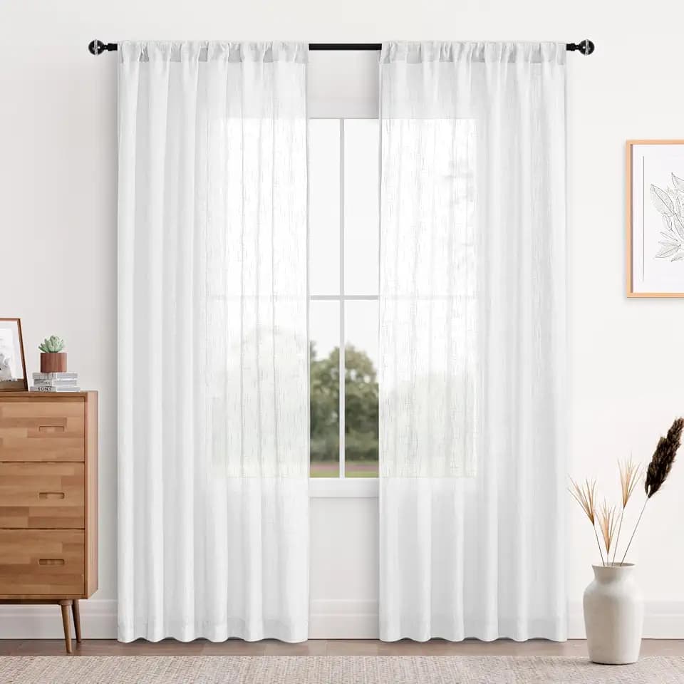 DWCN White Faux Linen Sheer Curtains, 2 Panels, 60x84 Inch