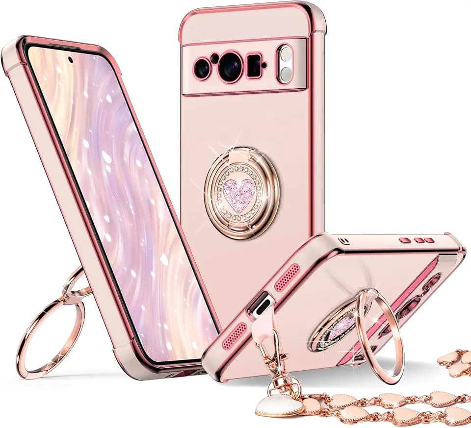 XYZ for Google Pixel 9 Pro Case with Stand, Pixel 9 Pro Case with Double Ring, Women Girls Cute Love-Heart Luxury Bling Protective Case for Google Pixel 9 Pro Case, Pink